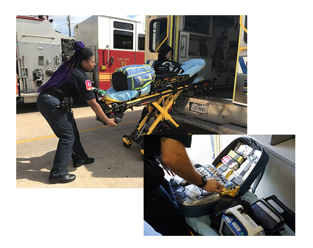 Austin EMS Paramedics loading up ambulance and checking medications.